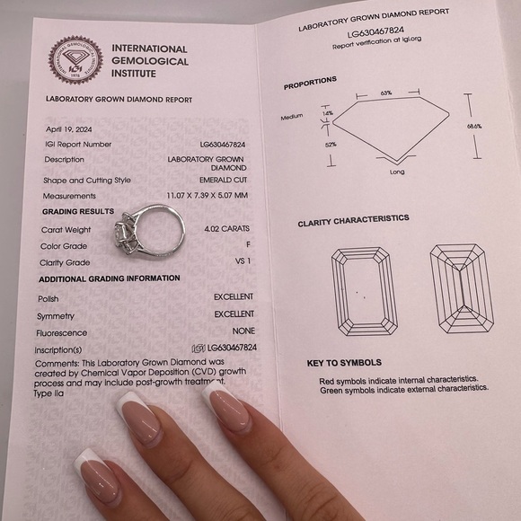 4.02 carat F VS1 emerald cut lab diamond engagement ring three stone - Picture 8 of 8